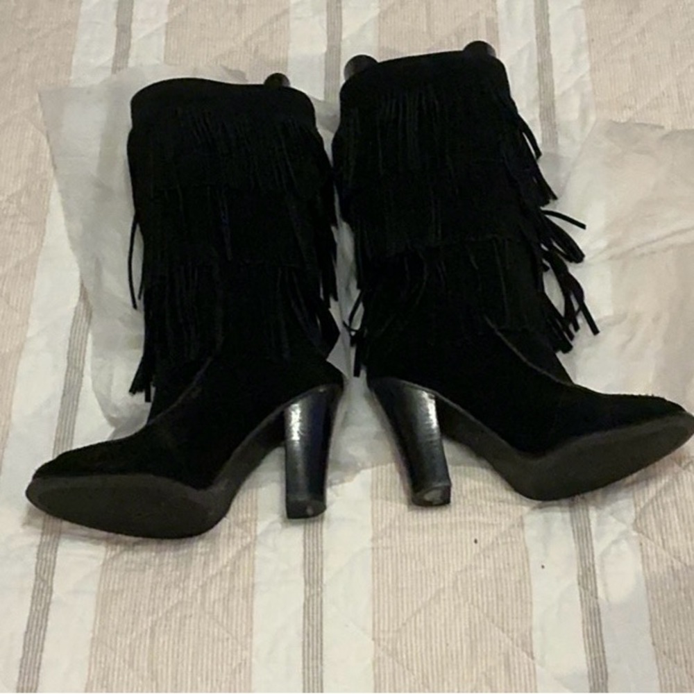 Lauren Ralph Lauren black suede fringe knee heeled boots 7 - Picture 1 of 7